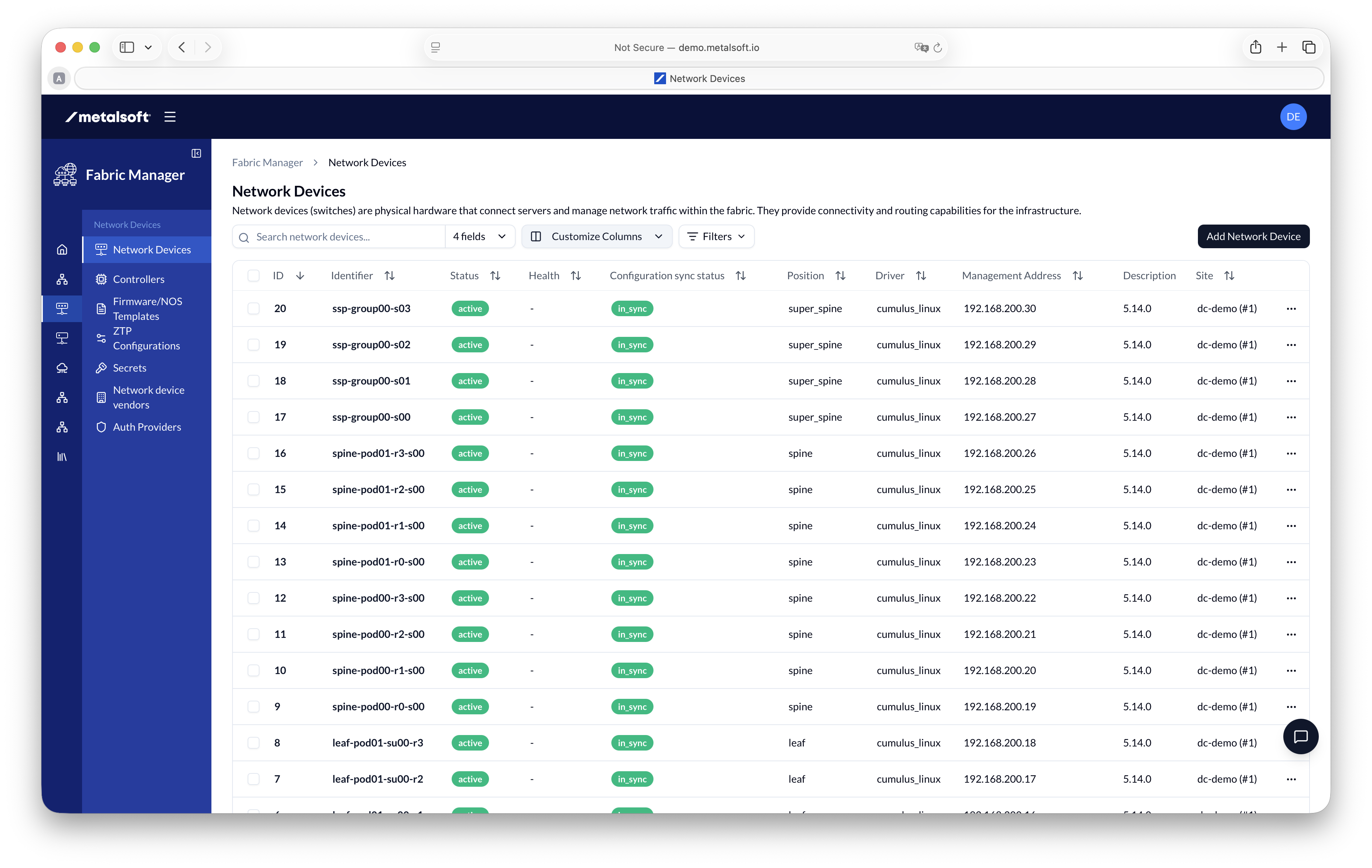 MetalSoft Fabric Manager - Equipment List