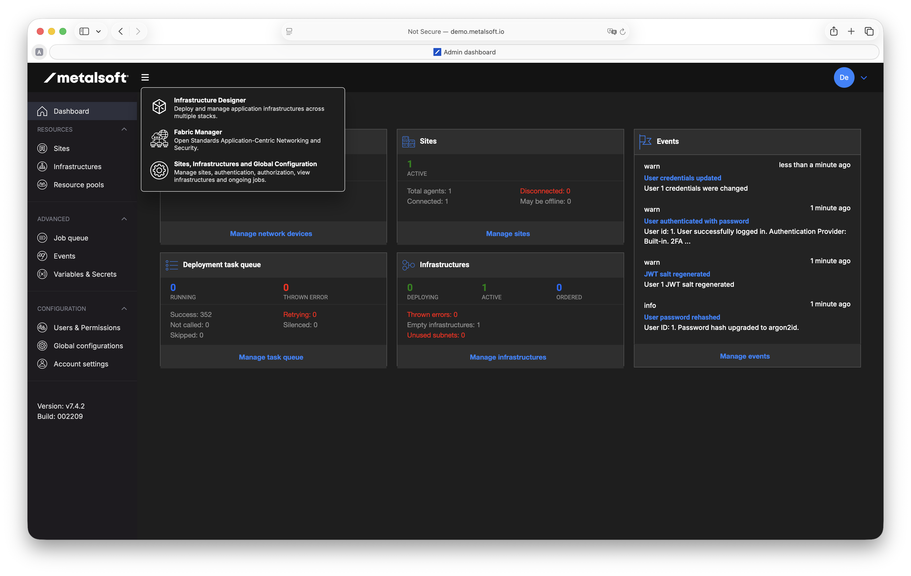 MetalSoft Sites, Infrastructures & Configuration dashboard